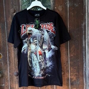 Black T-Shirt with Eagle and Motorcycle Graphic